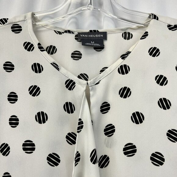 Van Heusen Key Hole 3/4 Sleeve Ruffle Blouse Ivory/Black Dotted Womens Medium - Picture 3 of 9